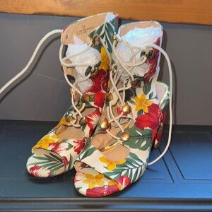 Liliana Lace Up Boots Red and Yellow Floral